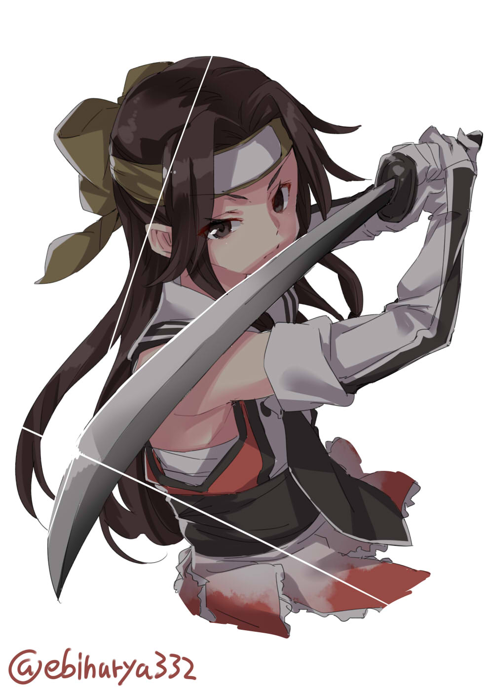 1girl black_neckwear brown_eyes brown_hair closed_mouth commentary_request diffraction_spikes ebifurya elbow_gloves forehead_protector gloves green_ribbon hair_ornament highres holding holding_weapon jintsuu_(kantai_collection) kantai_collection katana long_hair looking_at_viewer necktie remodel_(kantai_collection) ribbon simple_background sleeveless solo sword twitter_username weapon white_gloves