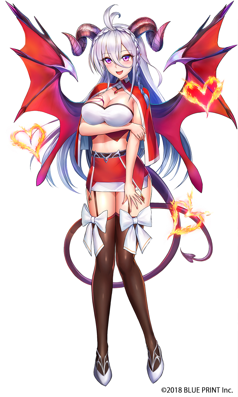 1girl ahoge asmodeus_(lost_crusade) blush bow braid breast_hold breasts brown_legwear christmas cleavage demon_horns demon_tail demon_wings fire garter_straps hair_between_eyes heart highres horns large_breasts long_hair looking_at_viewer lost_crusade midriff morichika_shuuto official_art red_skirt skirt solo standing tail thigh-highs very_long_hair violet_eyes white_background white_bow white_footwear white_hair wings