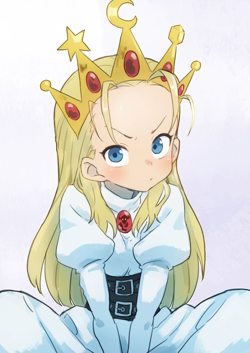 1girl blonde_hair blue_eyes commentary_request corset crown cyberbots devilot_de_deathsatan_ix dress forehead gazacy_(dai) gem highres jewelry juliet_sleeves long_hair long_sleeves looking_at_viewer pout puffy_sleeves solo v-shaped_eyebrows v_arms white_dress