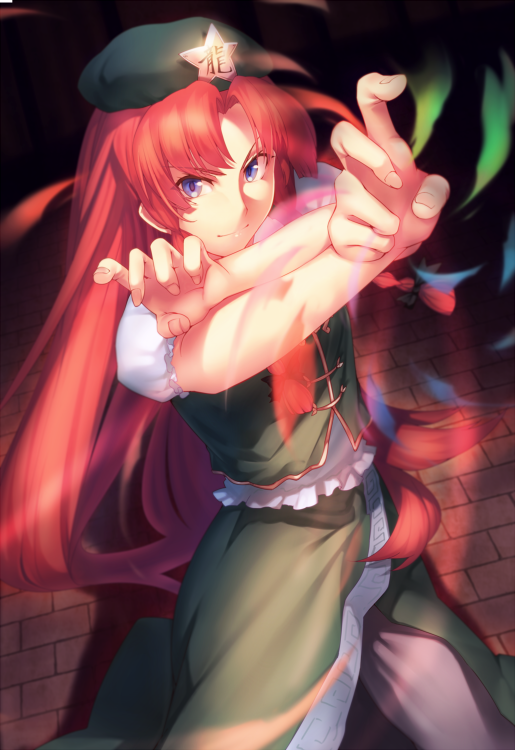 &gt;:) 1girl arms_up bangs beret blue_eyes brick_floor commentary_request cowboy_shot eyebrows_visible_through_hair fighting_stance frills from_above green_hat green_skirt green_vest hat hong_meiling kaiza_(rider000) long_hair pants redhead shirt short_sleeves side_slit skirt skirt_set solo standing star touhou v-shaped_eyebrows very_long_hair vest white_pants white_shirt