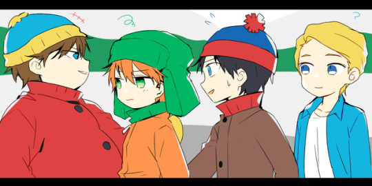 4boys black_hair blonde_hair blue_eyes brown_hair coat eric_cartman fur_hat gary_harrison gloves green_eyes hat jacket kyle_broflovski male_focus multiple_boys redhead short_hair smile south_park stan_marsh ushanka