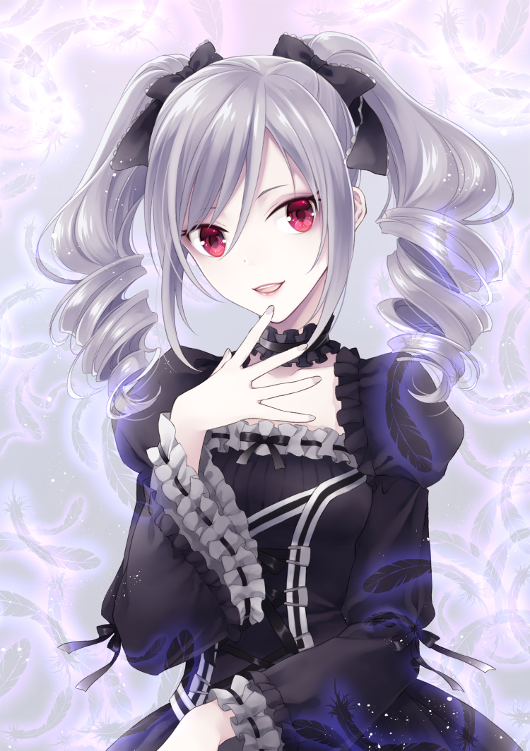 1girl :d bangs black_bow black_dress black_feathers black_ribbon bow choker dress drill_hair frills gothic_lolita hair_between_eyes hair_bow head_tilt idolmaster idolmaster_cinderella_girls kanzaki_ranko lolita_fashion long_hair long_sleeves looking_at_viewer open_mouth red_eyes ribbon shiny shiny_hair silver_hair smile solo swept_bangs twin_drills upper_body uzuki_eri