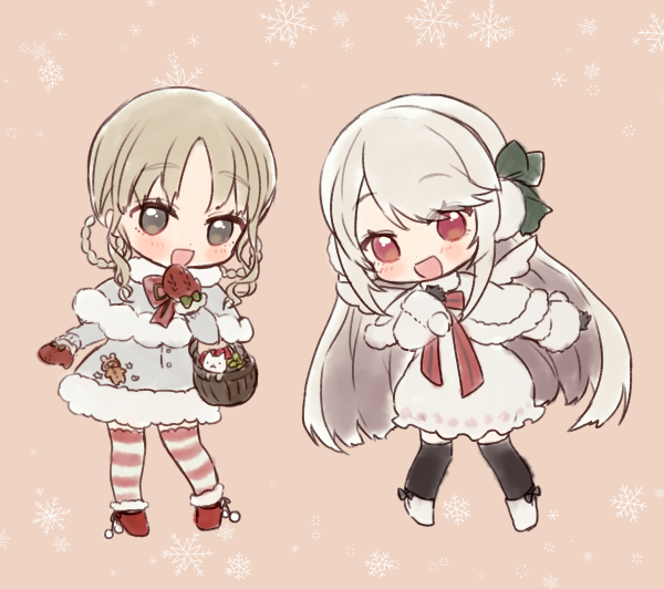 2girls bangs basket black_gloves black_legwear bow braid brown_background brown_hair capelet chibi dress earmuffs elu_(nijisanji) fur-trimmed_boots fur-trimmed_capelet fur-trimmed_dress fur-trimmed_sleeves fur_trim gloves green_bow grey_capelet grey_dress hair_rings head_tilt long_hair long_sleeves mittens multiple_girls nijisanji parted_bangs red_eyes red_footwear red_mittens simple_background sister_cleaire snowflakes striped striped_legwear thigh-highs very_long_hair virtual_youtuber white_capelet white_dress white_footwear white_hair wide_sleeves yamabukiiro