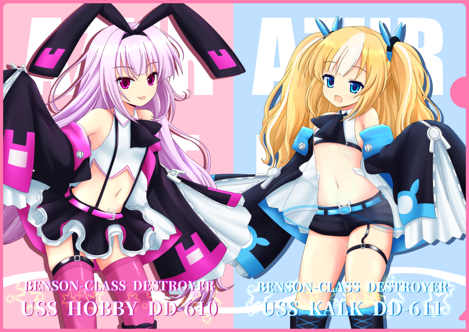 2girls :d :p azur_lane bangs bare_shoulders belt belt_buckle black_footwear black_ribbon black_shorts black_skirt blonde_hair blue_belt blue_eyes blue_legwear blush boots buckle character_name closed_mouth collared_shirt commentary_request copyright_name cowboy_shot eyebrows_visible_through_hair hair_ornament hair_ribbon hand_up head_tilt hobby_(azur_lane) insider_(pix_insider) jacket kalk_(azur_lane) knee_boots kneehighs long_hair long_sleeves low-tied_long_hair midriff multicolored_hair multiple_girls navel off_shoulder open_clothes open_jacket open_mouth pink_belt pink_hair pink_legwear ribbon see-through shirt short_shorts shorts sidelocks skindentation skirt sleeveless sleeveless_shirt sleeves_past_fingers sleeves_past_wrists smile streaked_hair thigh-highs thigh_strap thighhighs_under_boots tongue tongue_out very_long_hair violet_eyes white_hair white_shirt wide_sleeves