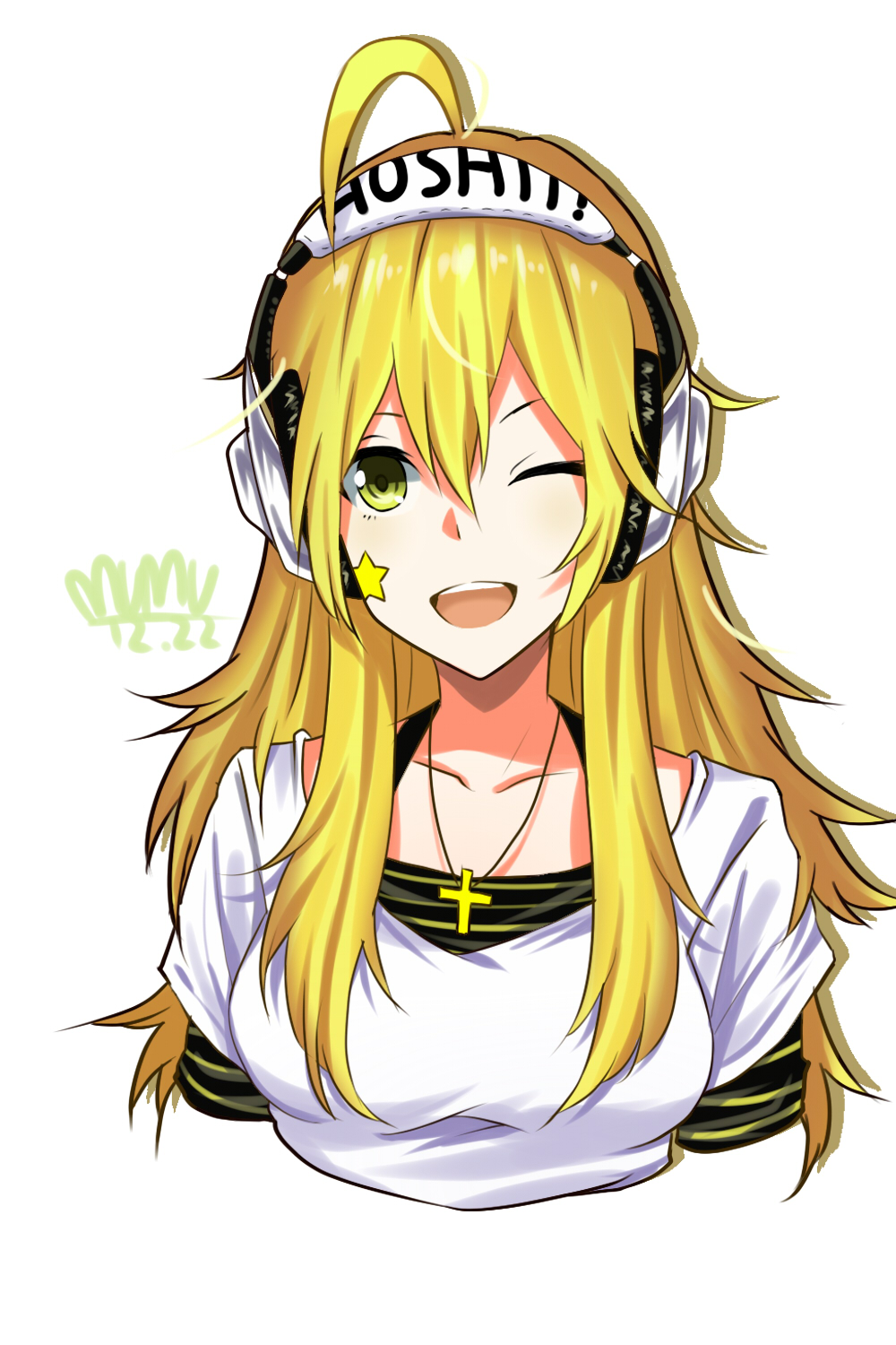 1girl ;d ahoge blonde_hair character_name collarbone cropped_torso cross cross_necklace green_eyes headphones highres hoshii_miki idolmaster idolmaster_(classic) jewelry long_hair looking_at_viewer makise_medaka necklace one_eye_closed open_mouth shirt short_sleeves simple_background smile solo star star_print very_long_hair white_background white_shirt