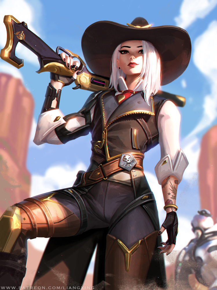 1girl ashe_(overwatch) black_nails blue_sky blurry blurry_background bob_(overwatch) boots bracelet closed_mouth cowboy_hat day earrings facing_viewer fingerless_gloves from_below gloves gun hat holding holding_gun holding_weapon jewelry liang_xing lips lipstick makeup medium_hair mole_above_mouth nail_polish necktie outdoors overwatch red_eyes red_lipstick sky solo_focus standing tattoo thigh-highs thigh_boots weapon white_hair