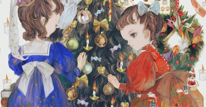 2girls aqua_bow bangs blue_dress book bow brown_eyes brown_hair candle child christmas christmas_ornaments christmas_tree dress facing_away juliet_sleeves long_sleeves medium_hair mouse_print multiple_girls original profile puffy_sleeves red_bow red_dress star upper_body white_bow wreath yellow_bow yogisya