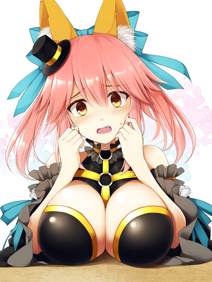 1girl animal_ear_fluff animal_ears bare_shoulders blue_ribbon blush breasts collarbone detached_sleeves embarrassed fang fate/extra fate/extra_ccc fate_(series) fox_ears fox_girl hair_ribbon hat kurikara large_breasts looking_at_viewer mini_hat mini_top_hat open_mouth pink_hair ribbon ribbon-trimmed_sleeves ribbon_trim solo sweat tamamo_(fate)_(all) tamamo_no_mae_(fate) top_hat upper_body yellow_eyes