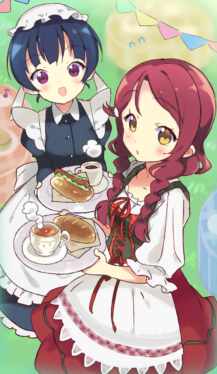 2girls :d :o alternate_hairstyle apron bangs black_dress blue_hair blush braid bread cross-laced_clothes cup dress flying_sweatdrops food hair_ornament hair_up hairclip hat highres holding holding_tray long_hair long_sleeves looking_at_viewer love_live! love_live!_sunshine!! maid mug multiple_girls napkin neck_ribbon open_mouth rassie_s red_dress red_neckwear redhead ribbon sakurauchi_riko saucer short_sleeves smile string_of_flags teacup tray tsushima_yoshiko twin_braids violet_eyes waist_apron white_hat yellow_eyes