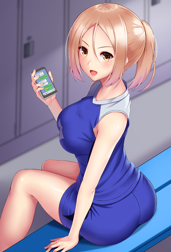 1girl :d blood bloody_hair blue_shirt blue_shorts breasts cellphone gym_uniform hair_between_eyes holding holding_phone huyumitsu indoors large_breasts locker locker_room long_hair open_mouth original phone ponytail shiny shiny_hair shirt short_shorts shorts sitting sleeveless sleeveless_shirt smartphone smile solo yellow