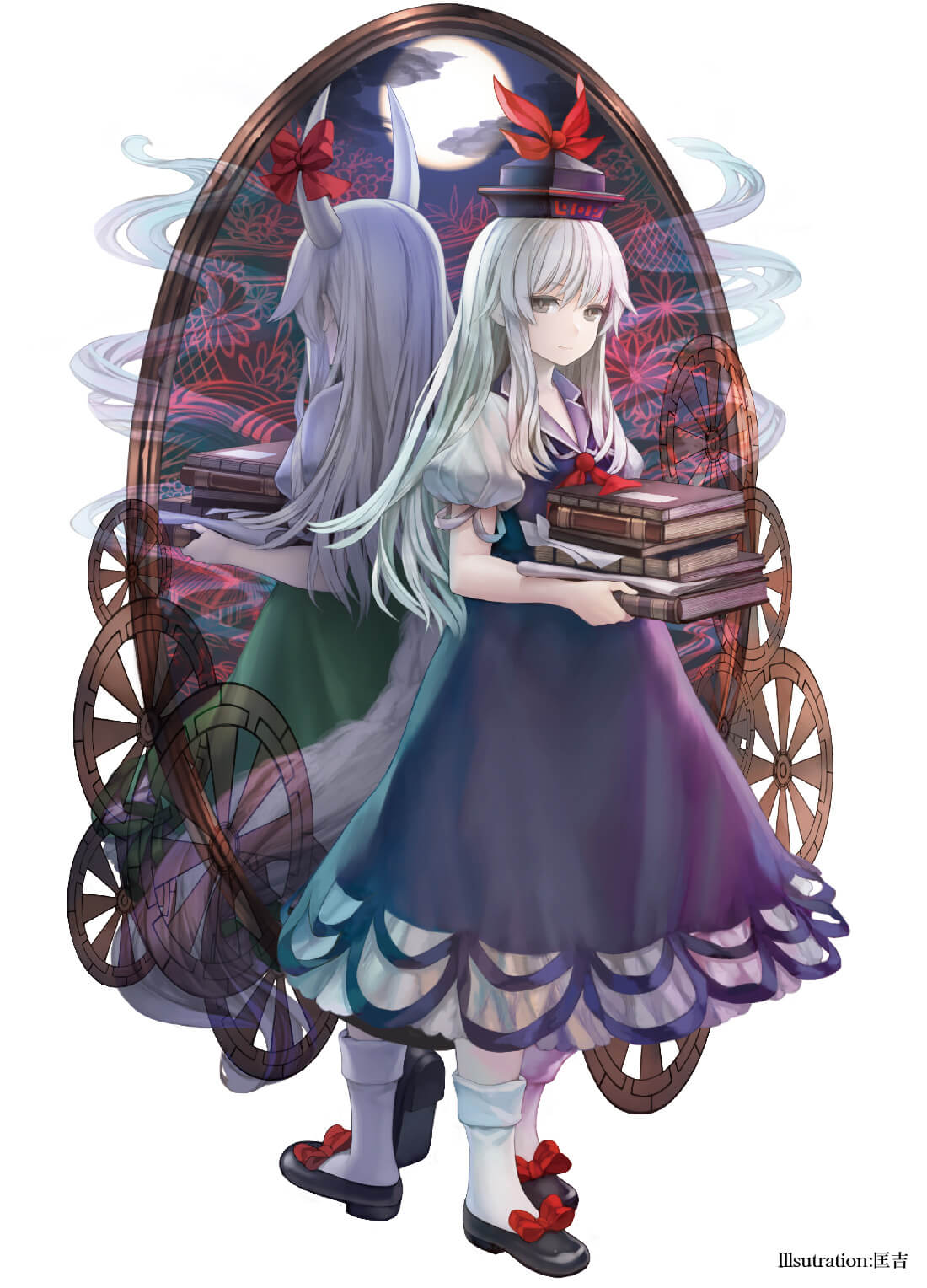 2girls alternate_eye_color artist_name artist_request back-to-back bangs black_footwear blue_dress blue_hat book book_stack bow clouds dress dual_persona ex-keine from_behind full_moon green_dress grey_eyes hat hat_ribbon highres holding holding_book horn_bow horns kamishirasawa_keine long_hair looking_at_viewer moon multiple_girls paper petticoat pinafore_dress puffy_short_sleeves puffy_sleeves red_bow red_ribbon ribbon shirt shoe_bow shoes short_sleeves sidelocks silver_hair simple_background smile socks strange_creators_of_outer_world touhou white_background white_legwear white_shirt