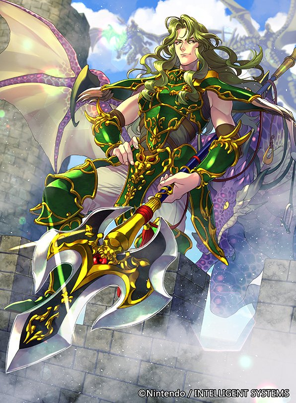 1boy armor brick_wall castle commentary_request dragon dragon_riding fire_emblem fire_emblem:_seisen_no_keifu fire_emblem_cipher greaves green_armor green_footwear green_hair grey_pants hand_on_hip holding holding_spear holding_weapon long_hair male_focus muscle nintendo official_art pants pauldrons polearm scales shoulder_armor sidelocks smirk smug spear standing trabant_(fire_emblem) wall weapon wyvern yellow_eyes yoneko_okome99