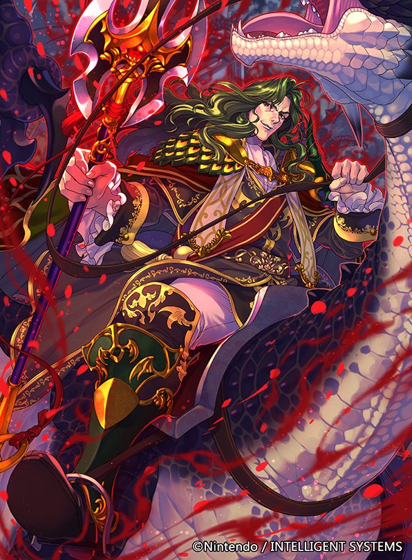 1boy armor black_coat cape clouds cloudy_sky coat commentary_request cravat dragon dragon_riding dragon_wings energy fire_emblem fire_emblem:_seisen_no_keifu fire_emblem_cipher greaves green_armor green_footwear green_hair grin hand_on_hip holding holding_spear holding_weapon lips long_hair long_sleeves male_focus muscle night night_sky nintendo official_art open_mouth ornate pants pauldrons polearm reins riding scales sharp_teeth shoulder_armor sidelocks sky smile smirk smug spear teeth trabant_(fire_emblem) weapon white_pants wings wyvern yoneko_okome99