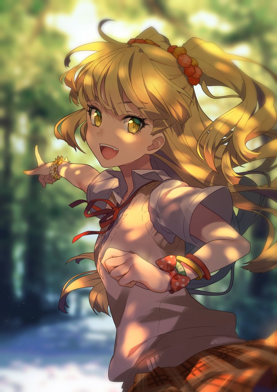 1girl :d blonde_hair bow bracelet brown_skirt day eyebrows_visible_through_hair fangs floating_hair hair_ornament highres idolmaster idolmaster_cinderella_girls index_finger_raised jewelry jougasaki_rika long_hair looking_at_viewer matsuda_toki miniskirt neck_ribbon open_mouth outdoors outstretched_arm pleated_skirt polka_dot polka_dot_bow red_bow red_ribbon ribbon school_uniform shirt short_sleeves skirt smile solo twintails very_long_hair vest white_polka_dots white_shirt yellow_eyes