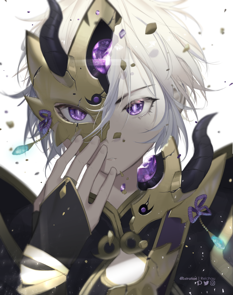 1boy armor bishounen broken broken_mask commentary_request face fate/grand_order fate_(series) fingerless_gloves gao_changgong_(fate) gem gloves hair_between_eyes looking_at_viewer male_focus mask parted_lips portrait reichiou shatter short_hair silver_hair simple_background solo violet_eyes white_background