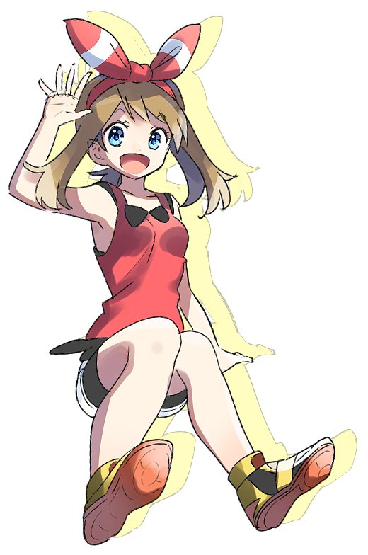 1girl :d arm_up bike_shorts black_shorts blue_eyes bow brown_hair collarbone creatures_(company) full_body game_freak hair_bow hairband haruka_(pokemon) invisible_chair long_hair looking_at_viewer nintendo open_mouth pokemon pokemon_(game) pokemon_oras red_hairband red_shirt shirt shoes short_shorts shorts shorts_under_shorts simple_background sitting sketch sleeveless sleeveless_shirt smile sneakers solo striped striped_bow twintails white_background white_shorts yuihiko