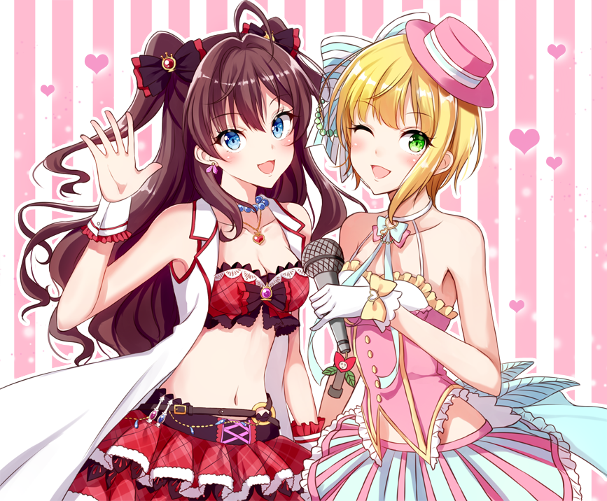 2girls :d ;d black_bow blonde_hair blue_eyes bow breasts brown_hair cleavage collarbone earrings floating_hair frilled_skirt frills gloves green_eyes hair_between_eyes hair_bow hat ichinose_shiki idolmaster idolmaster_cinderella_girls jewelry layered_skirt long_hair looking_at_viewer medium_breasts midriff miniskirt miyamoto_frederica multiple_girls navel necklace one_eye_closed open_mouth pink_hat pleated_skirt red_skirt shiny shiny_hair short_hair skirt sleeveless smile standing stomach striped striped_background twintails vertical-striped_skirt vertical_stripes very_long_hair white_gloves wrist_cuffs yellow_bow yukiya_(shiya)