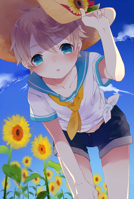 1boy blue_eyes blue_sailor_collar blue_shorts blush denim denim_shorts flower from_below hat hat_flower light_brown_hair looking_at_viewer male_focus midriff original petitbisou sailor_collar shade shirt short_shorts shorts straw_hat sun_hat sunflower tied_shirt white_shirt