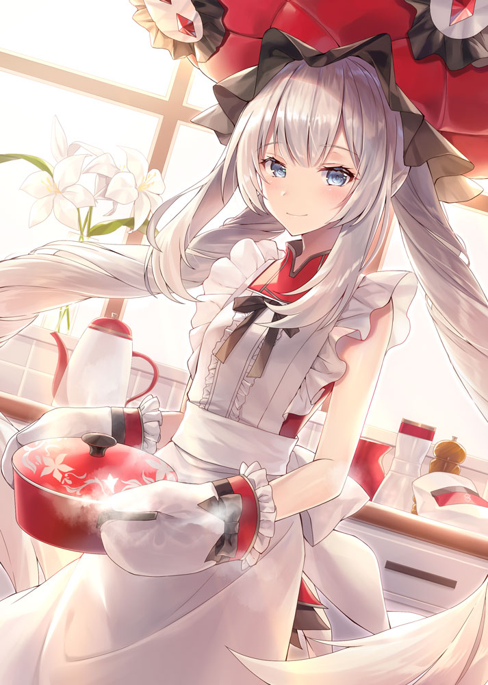 1girl apron bangs blue_eyes blush closed_mouth commentary_request eyebrows_visible_through_hair fate/grand_order fate_(series) flower frilled_hat frills hat holding indoors kagachi_saku long_hair marie_antoinette_(fate/grand_order) oven_mitts pot red_hat red_shirt shirt sidelocks silver_hair skirt sleeveless sleeveless_shirt smile solo standing steam twintails very_long_hair white_apron white_flower white_skirt
