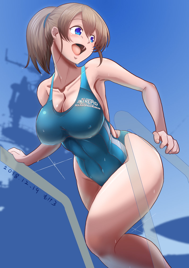 1girl artist_name blue_eyes blue_sky blue_swimsuit breasts brown_hair character_name cleavage commentary_request competition_swimsuit covered_navel dated day feet_out_of_frame gradient_sky intrepid_(kantai_collection) kantai_collection large_breasts looking_to_the_side mokerou one-piece_swimsuit open_mouth ponytail pool_ladder short_hair silhouette sky solo swimsuit wet wet_clothes wet_swimsuit