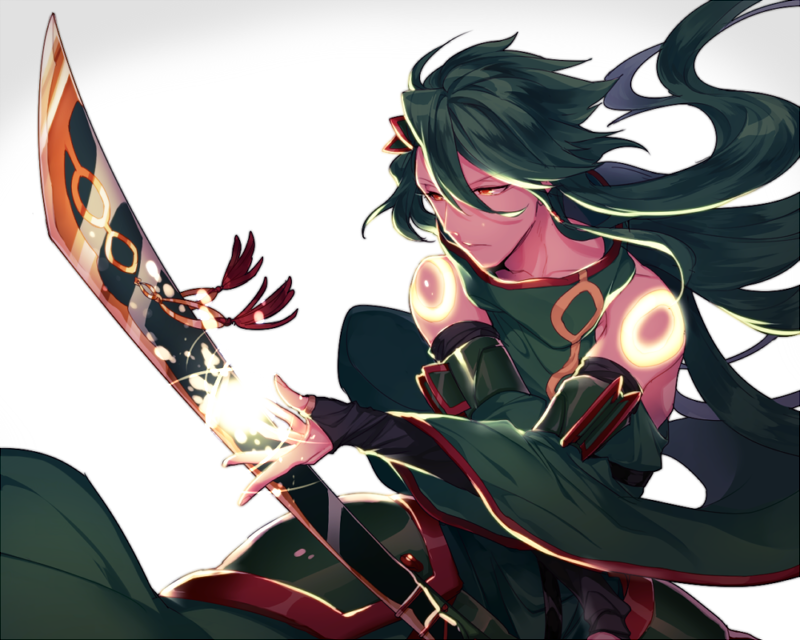 1boy black_hair creatures_(company) detached_sleeves game_freak gen_3_pokemon hair_between_eyes holding holding_sword holding_weapon long_hair looking_to_the_side male_focus nintendo personification pokemon rayquaza red_eyes solo standing sword very_long_hair weapon white_background wide_sleeves zazaki