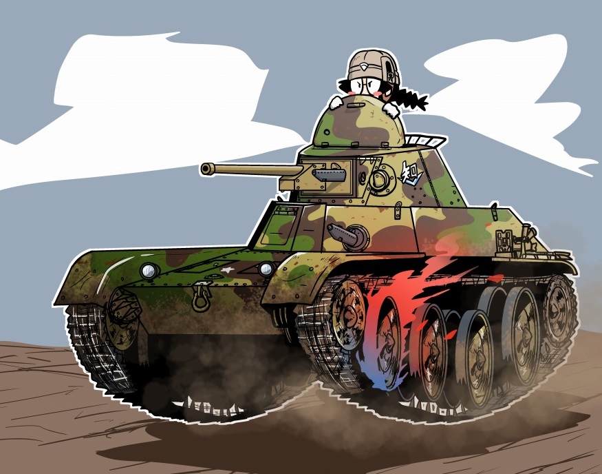 1girl black_eyes black_hair braid caterpillar_tracks clouds day doden_3-shiki fukuda_(girls_und_panzer) girls_und_panzer glasses ground_vehicle imperial_japanese_army military military_vehicle motor_vehicle tank twin_braids twintails type_95_ha-gou