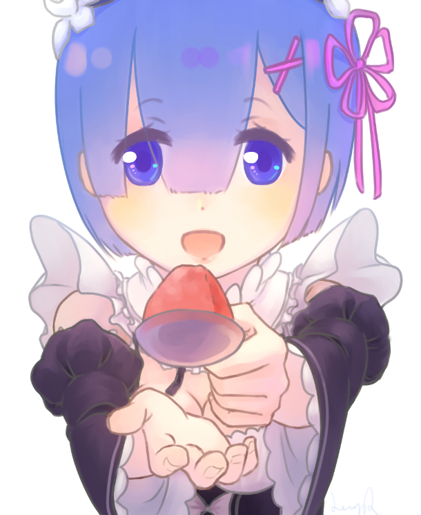 1girl bangs blue_eyes blue_hair blush detached_sleeves eyebrows_visible_through_hair eyes_visible_through_hair feeding food frilled_sleeves frills hair_between_eyes hair_ornament hair_ribbon leegq long_sleeves looking_at_viewer maid maid_headdress open_mouth pink_ribbon pov_feeding re:zero_kara_hajimeru_isekai_seikatsu rem_(re:zero) ribbon ribbon-trimmed_clothes ribbon_trim short_hair simple_background smile solo spoon standing white_background x_hair_ornament