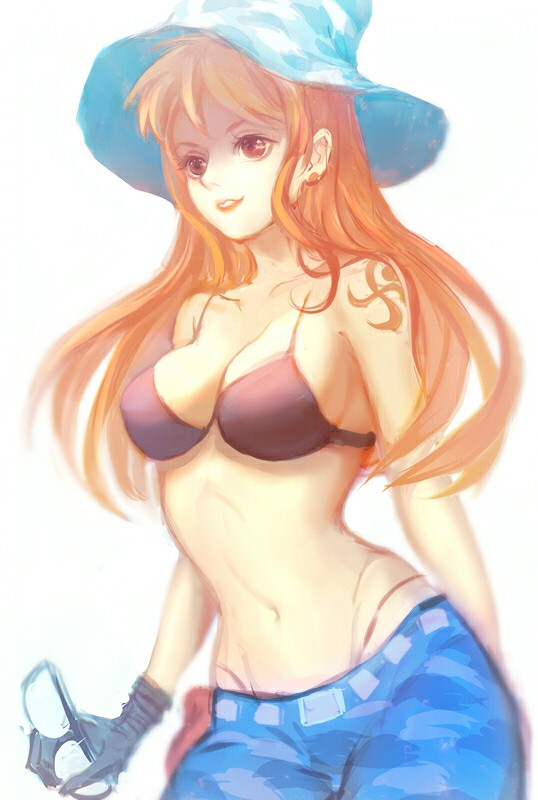 1girl anri_(110804) bikini black_bikini black_gloves blue_hat blue_pants breasts brown_eyes cleavage collarbone earrings floating_hair gloves groin hat holding holding_eyewear jewelry large_breasts long_hair nami_(one_piece) navel one_piece orange_hair pants parted_lips simple_background sketch solo striped_hat swimsuit tattoo white_background