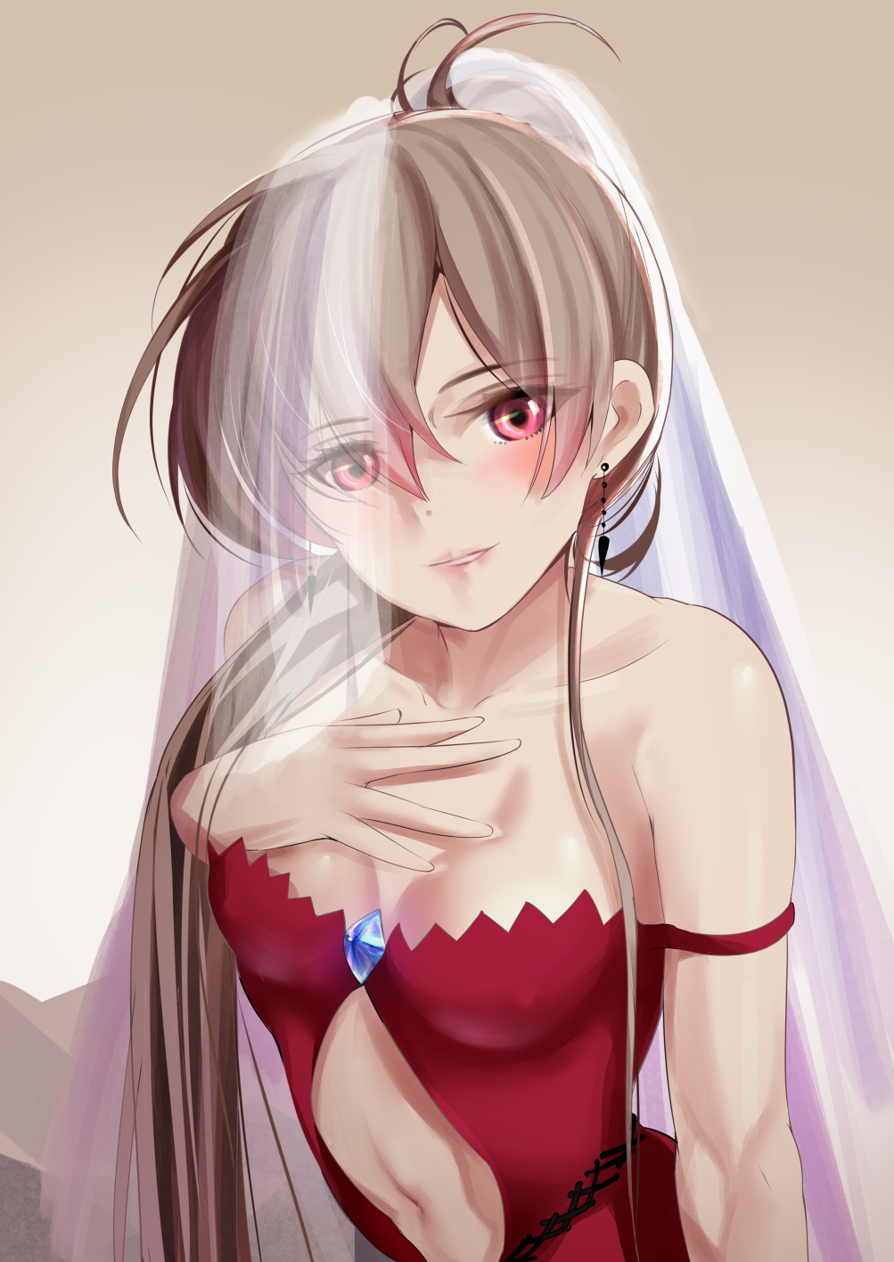 1girl azur_lane blush breasts bridal_veil brown_hair commentary_request dress earrings hand_on_own_chest highres jean_bart_(azur_lane) jewelry long_hair navel navel_cutout red_dress red_eyes schreibe_shura small_breasts solo strap_slip veil very_long_hair