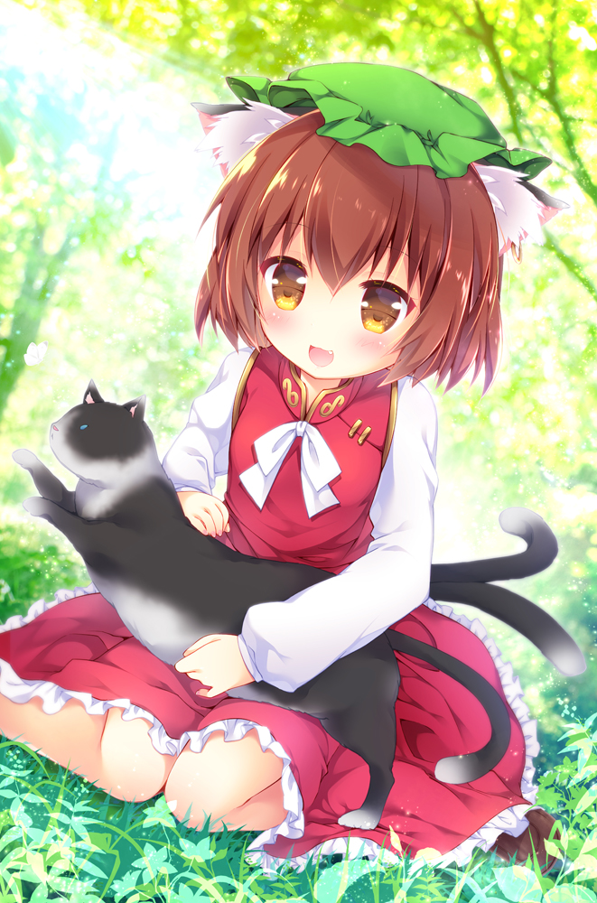 1girl :d animal animal_ear_fluff animal_ears black_cat blush brown_footwear brown_hair cat cat_ears cat_tail chen chinese_clothes commentary_request day dress enjoy_mix fang foot_out_of_frame frills grass green_hat hat holding holding_animal jewelry long_sleeves looking_at_viewer mob_cap multiple_tails neck_ribbon nekomata on_grass open_mouth outdoors red_dress ribbon shirt shoes short_hair single_earring sitting smile solo tail touhou tree two_tails wariza white_neckwear white_shirt yellow_eyes