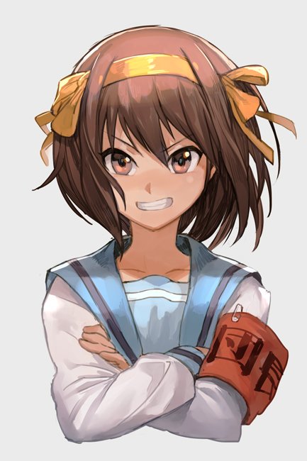 1girl armband bangs blue_sailor_collar brown_eyes brown_hair collarbone cropped_torso crossed_arms hair_between_eyes hairband hankuri kita_high_school_uniform looking_at_viewer orange_hairband parted_lips red_armband safety_pin sailor_collar school_uniform serafuku shirt short_hair simple_background smile solo suzumiya_haruhi suzumiya_haruhi_no_yuuutsu teeth upper_body white_background white_shirt