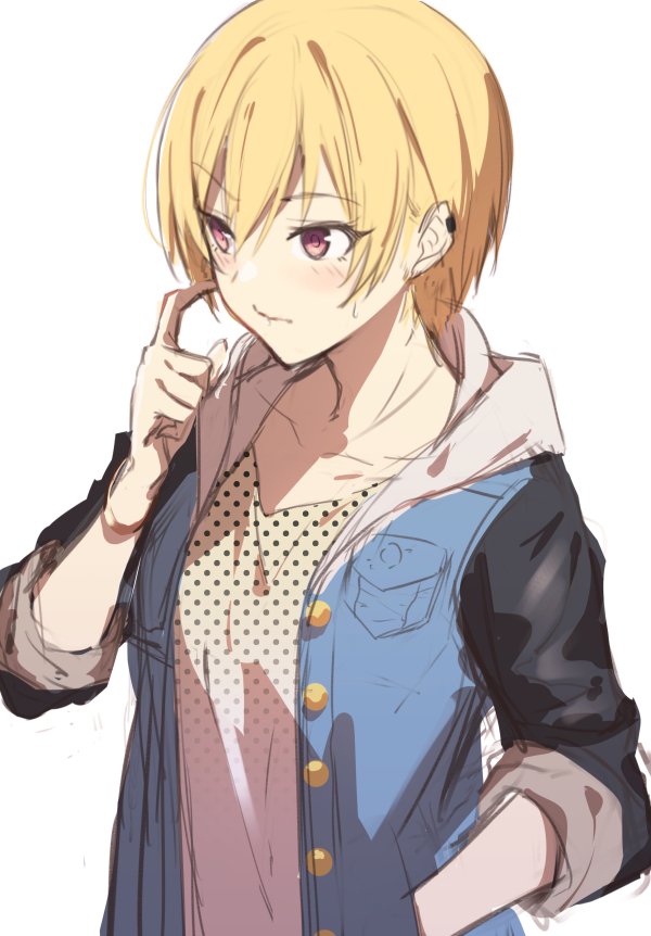 1girl blonde_hair blue_jacket blush collarbone eyebrows_visible_through_hair hair_between_eyes hand_in_pocket hood hood_down hooded_sweater idolmaster idolmaster_cinderella_girls jacket miyamoto_frederica polka_dot polka_dot_shirt red_eyes shirt short_hair simple_background sketch sola_(solo0730) solo sweatdrop sweater upper_body white_background