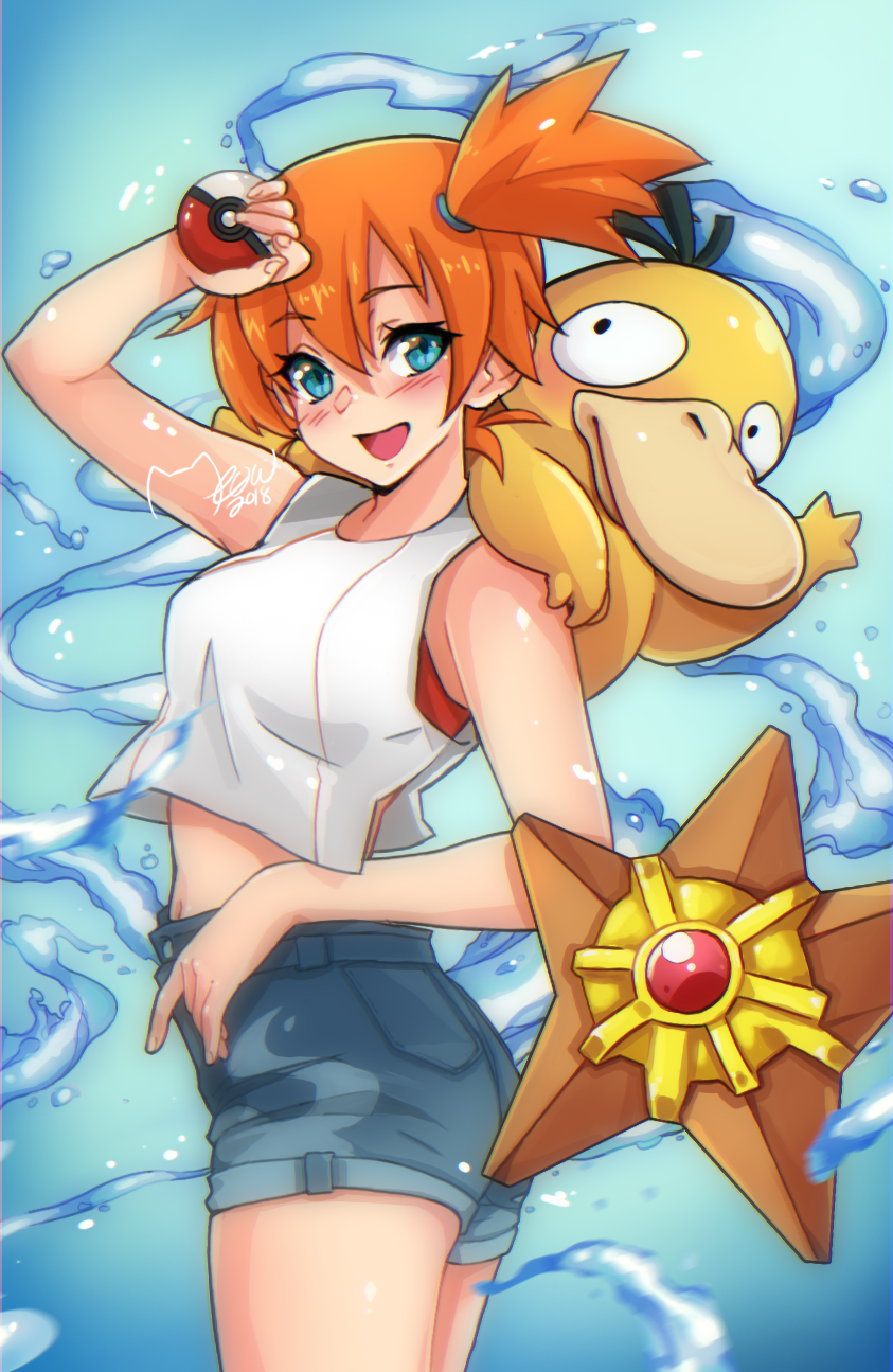 blue_eyes creatures_(company) denim denim_shorts game_freak gen_1_pokemon gym_leader highres holding holding_poke_ball kasumi_(pokemon) meowyin nintendo orange_hair poke_ball pokemon psyduck shorts side_ponytail starmie tank_top water