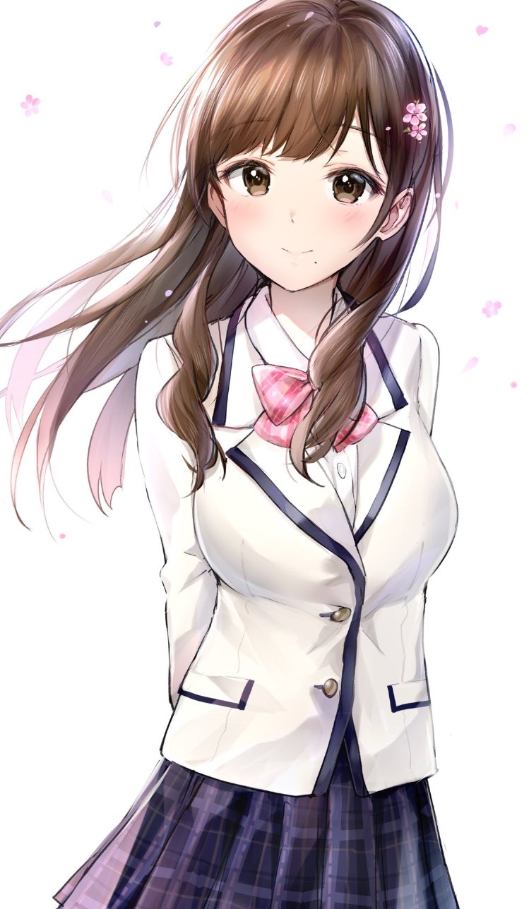 1girl arms_behind_back blazer blue_skirt blush bow brown_eyes brown_hair character_request dress_shirt floating_hair flower hair_flower hair_ornament highres idolmaster idolmaster_cinderella_girls jacket long_hair looking_at_viewer mole mole_under_mouth pink_bow pink_flower pleated_skirt school_uniform shirt simple_background skirt smile solo standing striped striped_bow striped_neckwear takeashiro white_background white_jacket white_shirt