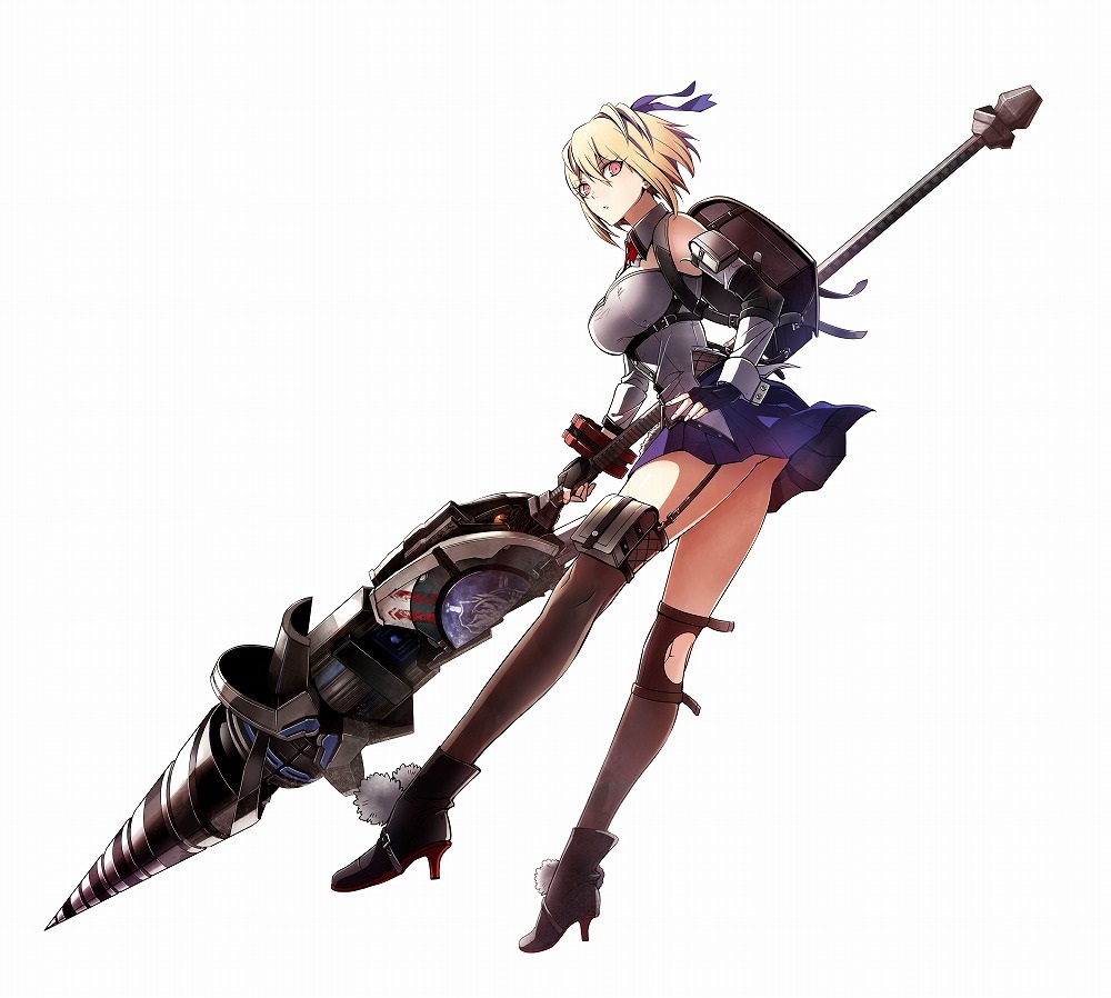1girl ankle_boots artist_request asymmetrical_legwear backpack bag bangs bare_shoulders black_gloves blonde_hair blue_skirt boots bow bracelet breasts character_request detached_collar fingerless_gloves fingernails from_side full_body garter_straps gloves god_eater god_eater_3 hair_bow hand_on_hip high_heels holding holding_weapon jewelry long_legs looking_at_viewer medium_breasts official_art parted_lips pink_eyes polearm pom_pom_(clothes) simple_background skirt solo spear strapless thigh-highs thighs weapon white_background zettai_ryouiki