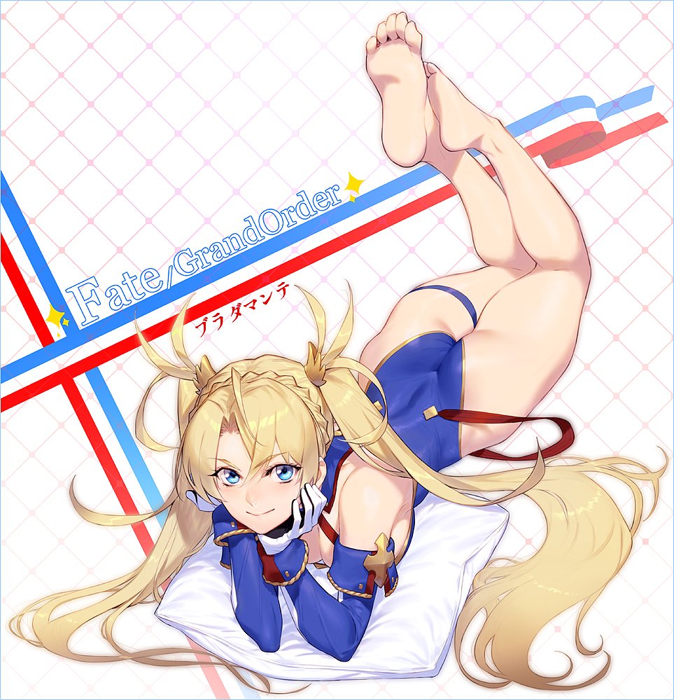 1girl ass azusa_(hws) bangs bare_legs bare_shoulders blonde_hair blue_eyes blush bradamante_(fate/grand_order) braid breasts cleavage elbow_gloves fate/grand_order fate_(series) french_braid gloves hair_between_eyes head_on_hand leotard long_hair looking_at_viewer lying medium_breasts on_stomach pillow sidelocks smile soles solo thigh_strap thighs toes twintails very_long_hair