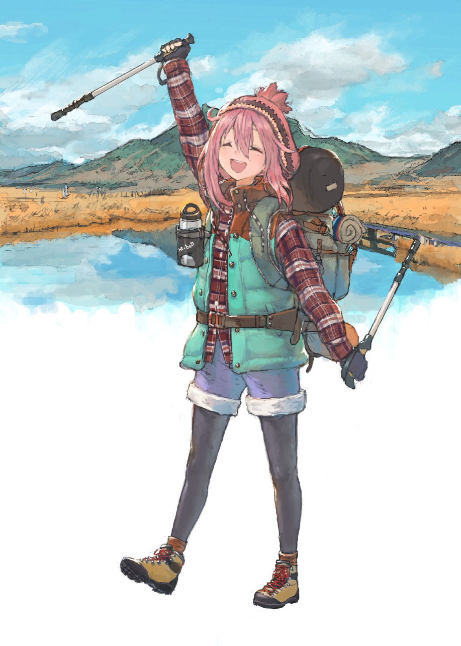 1girl :d arm_up backpack bag belt closed_eyes clouds fingerless_gloves full_body gloves hat highres holding iwauchi_tomoki kagamihara_nadeshiko landscape open_mouth outdoors pantyhose pantyhose_under_shorts pink_hair plaid plaid_shirt shirt shorts sky smile solo thermos trekking_pole vest water yurucamp