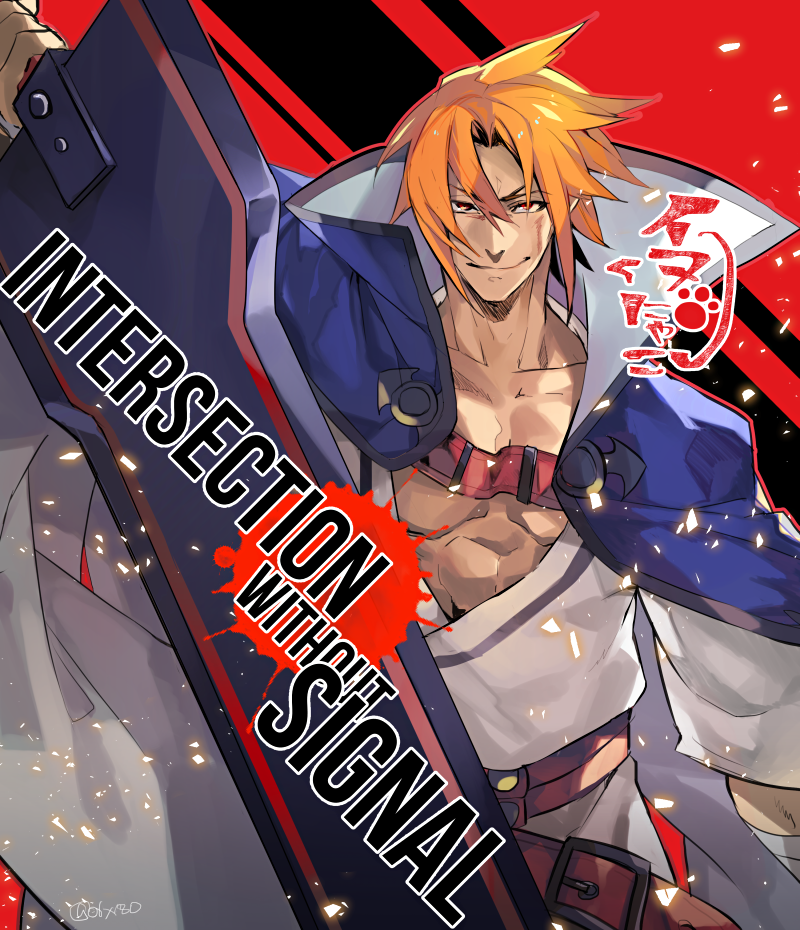 1boy bandage belt blazblue blazblue:_central_fiction cape eyebrows eyes kagura_mutsuki looking_at_viewer orange_hair red_background red_eyes smile smug sword weapon