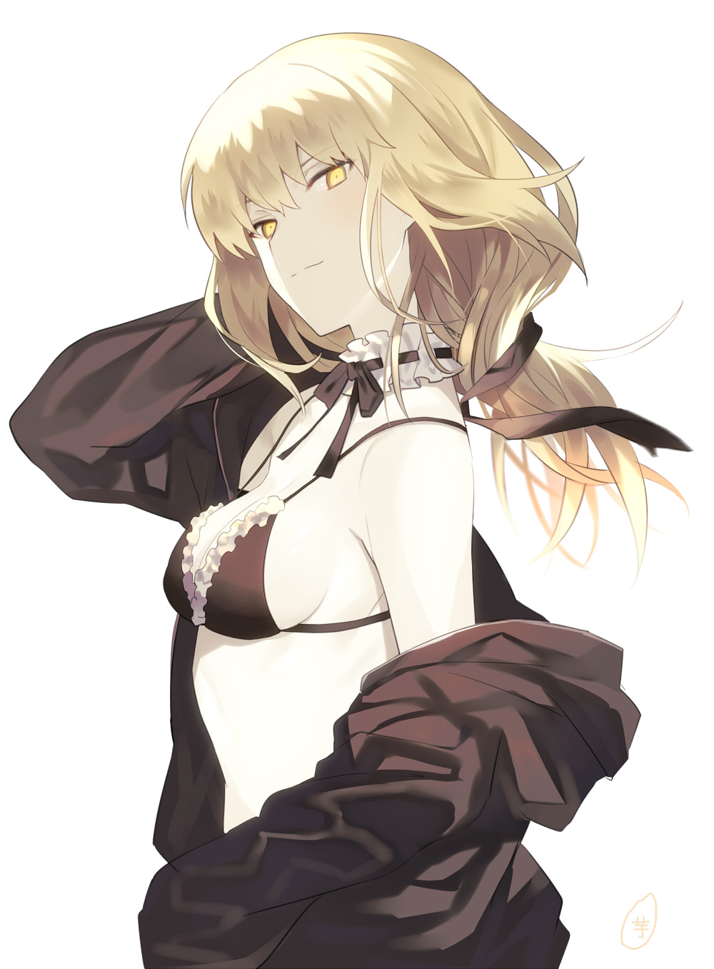 1girl artoria_pendragon_(all) artoria_pendragon_(swimsuit_rider_alter) bikini black_bikini black_jacket black_ribbon blonde_hair breasts choker cleavage clothes_down fate/grand_order fate_(series) floating_hair frilled_bikini_top from_side hair_ribbon hand_in_hair head_tilt highres jacket long_hair medium_breasts open_clothes open_jacket ponytail ribbon sanae_(satansanae) sideboob simple_background smile solo standing swimsuit upper_body white_background yellow