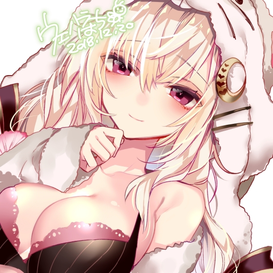 1girl black_bra blonde_hair blush bra breasts cleavage close-up closed_mouth crescent crescent_hair_ornament dated eyebrows_visible_through_hair face flower_knight_girl hair_ornament hood large_breasts long_hair looking_at_viewer oenothera_(flower_knight_girl) raised_eyebrows signature simple_background smile solo uehara_(higanbachi) underwear violet_eyes white_background