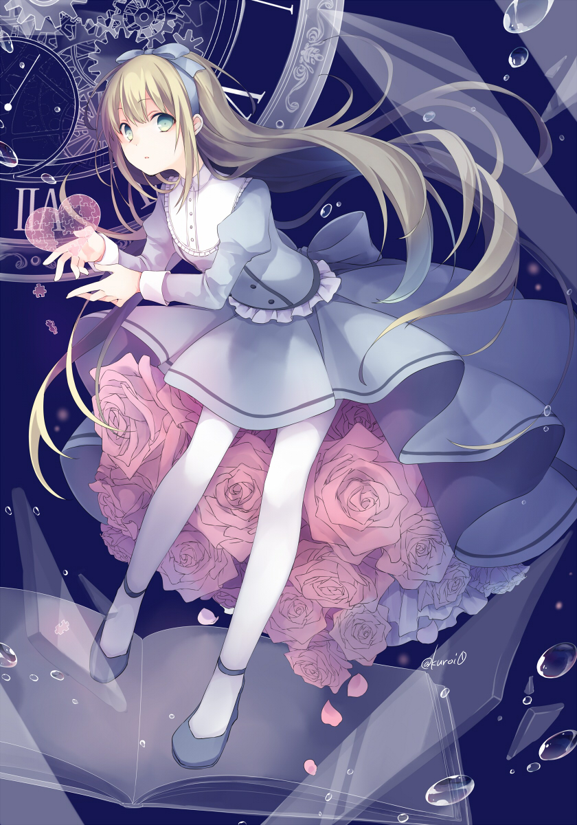 1girl bangs black_footwear blonde_hair blue_ribbon blue_shirt blue_skirt book bubble buttons clock commentary_request floating_hair flower frilled_shirt_collar frills full_body green_eyes hairband heart highres jigsaw_puzzle juliet_sleeves kuroi_(liar-player) leaning_forward long_hair long_skirt long_sleeves looking_at_viewer mary_janes open_book original pantyhose parted_lips pink_flower pink_rose puffy_sleeves puzzle ribbon roman_numerals rose shirt shoes sidelocks skirt solo twitter_username very_long_hair white_collar white_legwear