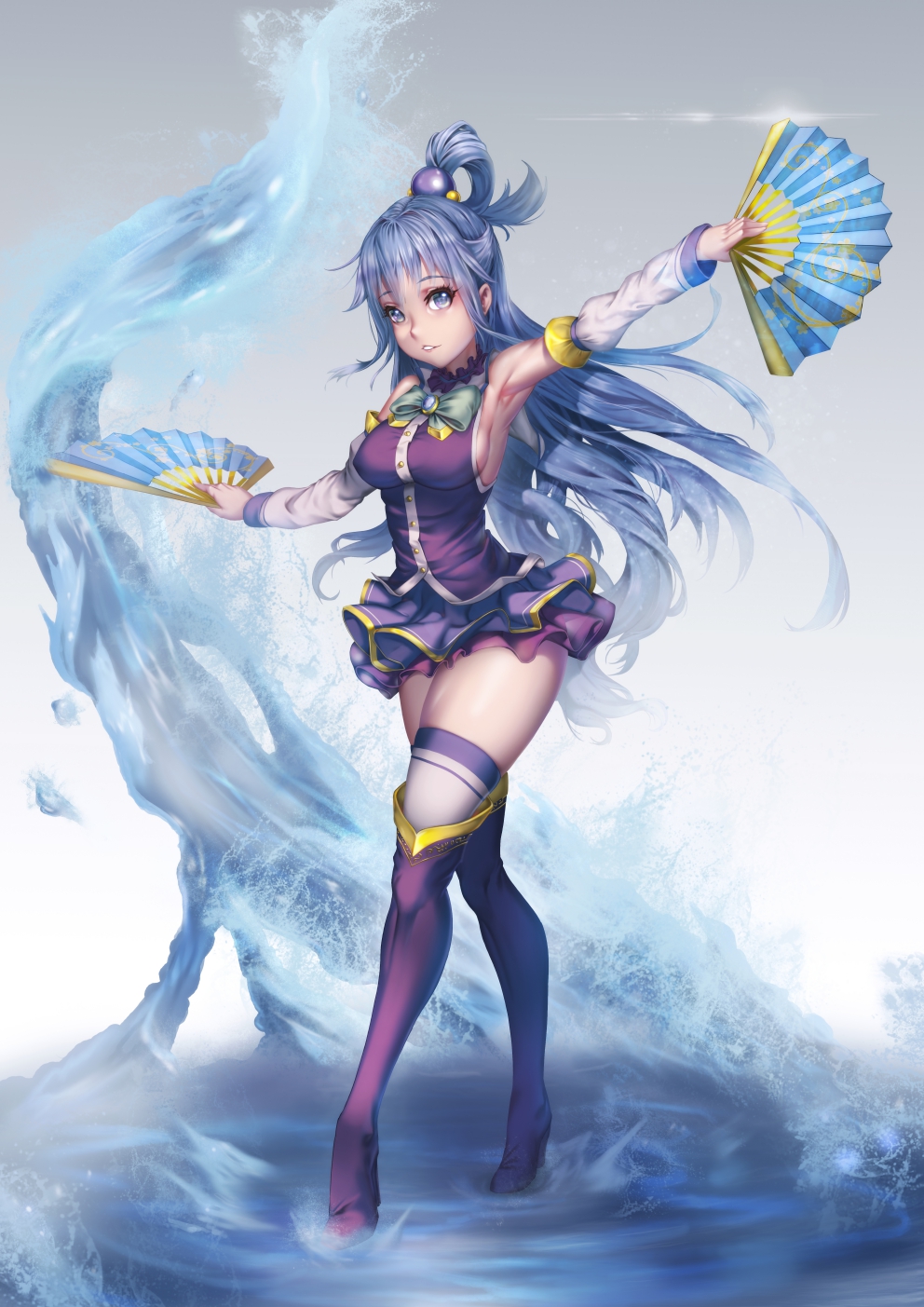 1girl aqua_(konosuba) armpits blue_eyes blue_hair blue_skirt boots bow breasts brooch detached_sleeves fan folding_fan full_body glint gradient gradient_background green_bow grey_background hair_ornament hair_rings head_tilt highres jewelry knee_boots kono_subarashii_sekai_ni_shukufuku_wo! layered_skirt long_hair looking_at_viewer medium_breasts neck_ribbon outstretched_arms over-kneehighs parted_lips proudsoul purple_footwear purple_vest ribbon sideboob skirt solo spread_arms standing thigh-highs very_long_hair vest water white_legwear