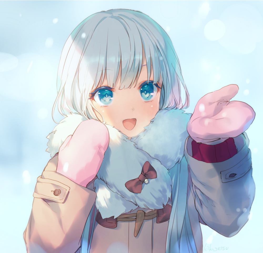 1girl :d bangs beige_coat blue_eyes blue_scarf bow character_request commentary_request copyright_request eyebrows_visible_through_hair fur_scarf kikugetsu looking_at_viewer open_mouth pink_mittens red_bow scarf silver_hair smile snowing