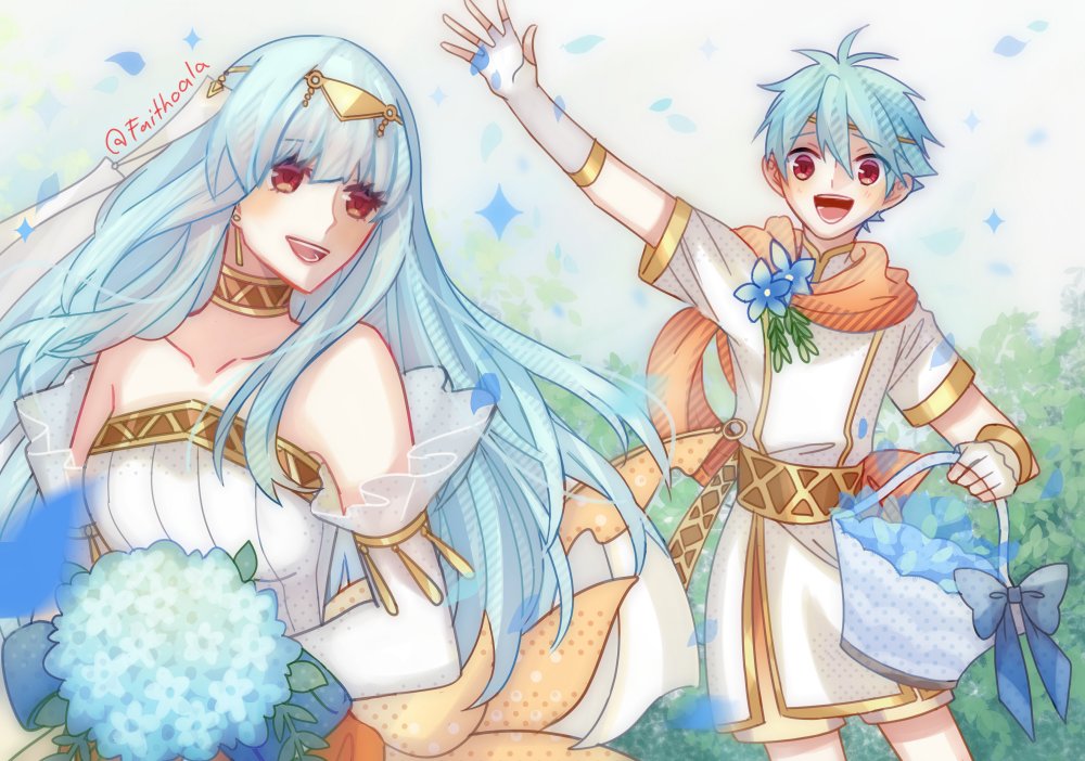 1boy 1girl aqua_hair bare_shoulders blue_hair bouquet bridal_veil bride cape circlet dress elbow_gloves faithoala fire_emblem fire_emblem:_rekka_no_ken fire_emblem_heroes flower gloves hair_ornament jewelry long_hair mamkute necklace nils ninian nintendo open_mouth red_eyes scarf short_hair simple_background smile strapless strapless_dress tiara veil wedding wedding_dress white_dress