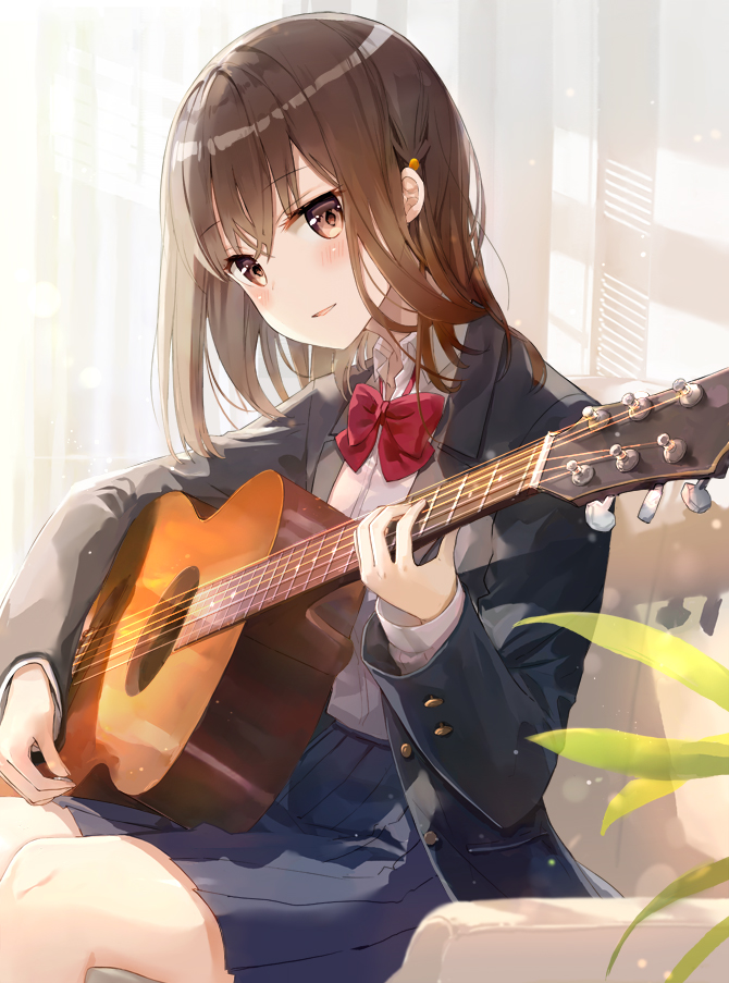 1girl backlighting bangs black_jacket blazer blue_skirt blush bow bowtie brown_eyes brown_hair buttons collared_shirt commentary_request couch day eyebrows_visible_through_hair feet_out_of_frame fuumi_(radial_engine) guitar hair_ornament head_tilt holding indoors instrument jacket leaf light_particles light_rays light_smile long_hair long_sleeves looking_at_viewer miniskirt music on_couch open_clothes open_jacket original parted_lips plant playing_instrument pleated_skirt plectrum red_neckwear school_uniform shade shadow shiny shiny_hair shirt shirt_tucked_in sidelocks sitting skirt solo sunbeam sunlight white_shirt window wing_collar