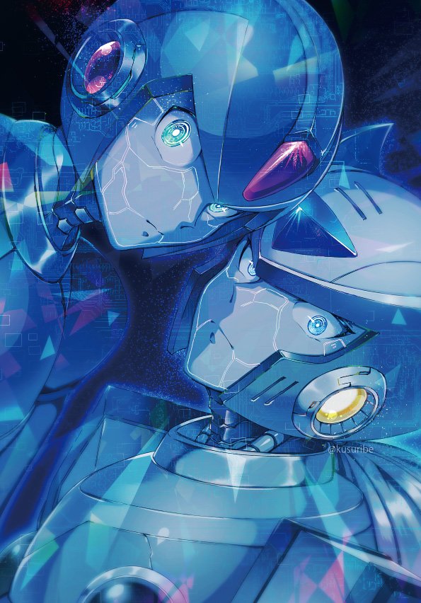 2boys blue capcom dark_background gradient gradient_background green_eyes helmet kusuribe long_hair looking_at_viewer male_focus monochrome multiple_boys ponytail rockman rockman_x x_(rockman) zero_(rockman)