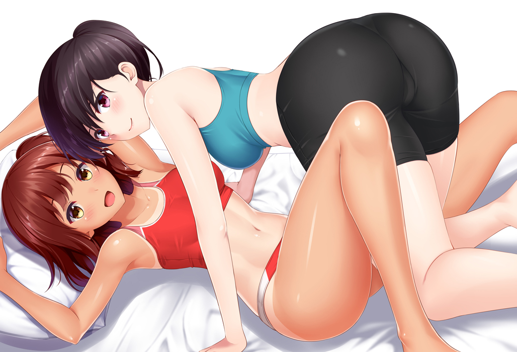 2girls :d arms_up bed_sheet bike_shorts black_hair black_shorts blue_tank_top breasts brown_hair buruma collarbone huyumitsu looking_at_viewer lying medium_breasts midriff multiple_girls navel on_back open_mouth original red_buruma red_eyes red_tank_top shiny shiny_skin short_hair short_shorts shorts side_ponytail simple_background smile stomach tan tanline white_background yellow_eyes