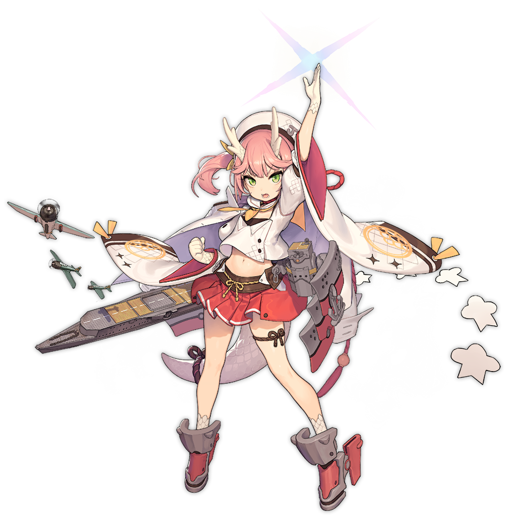 1girl aircraft azur_lane bangs clenched_hand dragon_horns dragon_tail expressions flight_deck full_body gloves green_eyes hakama_skirt henshin_pose horns japanese_clothes looking_at_viewer midriff navel official_art open_mouth outstretched_arm pink_hair pose rope rudder_shoes ryuujou_(azur_lane) short_hair simple_background solo tachi-e tail transparent_background tsliuyixin tsurime white_background white_gloves