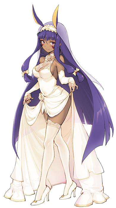 1girl animal_ears bangs bare_shoulders blunt_bangs blush breasts closed_mouth dark_skin dress elbow_gloves eyeliner facepaint facial_mark fate/grand_order fate_(series) flower full_body garter_straps gloves hairband haoni high_heels hips jackal_ears legs long_hair looking_at_viewer makeup medium_breasts nitocris_(fate/grand_order) purple_hair rose sidelocks solo standing thighs veil very_long_hair violet_eyes white_dress white_flower white_footwear white_gloves white_legwear white_rose