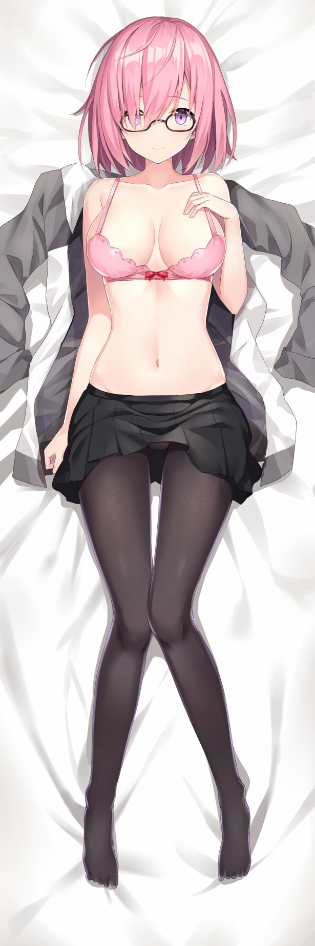 1girl bed_sheet black-framed_eyewear black_legwear black_skirt bow bow_bra bra breasts cleavage collarbone fate/grand_order fate_(series) from_above full_body glasses hair_over_breasts highres jacket jacket_removed looking_at_viewer lying mash_kyrielight medium_breasts midriff miniskirt navel on_back pantyhose pink_bra pink_hair pleated_skirt red_bow rin_yuu shiny shiny_hair short_hair skirt solo stomach underwear violet_eyes